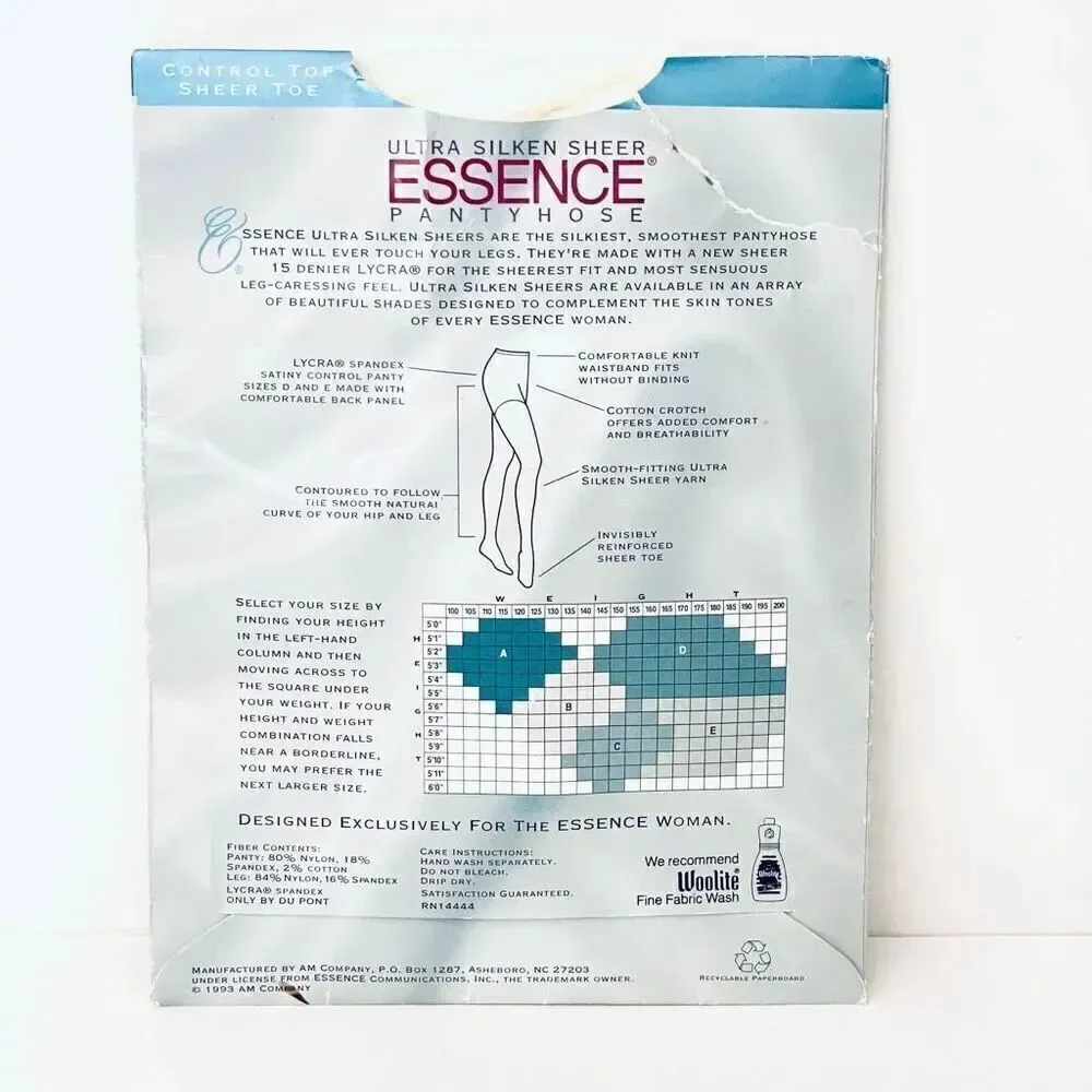 NWT Vintage 1990’s Essence Ultra Silken Control Top Sheer Toe Size B Pantyhose
